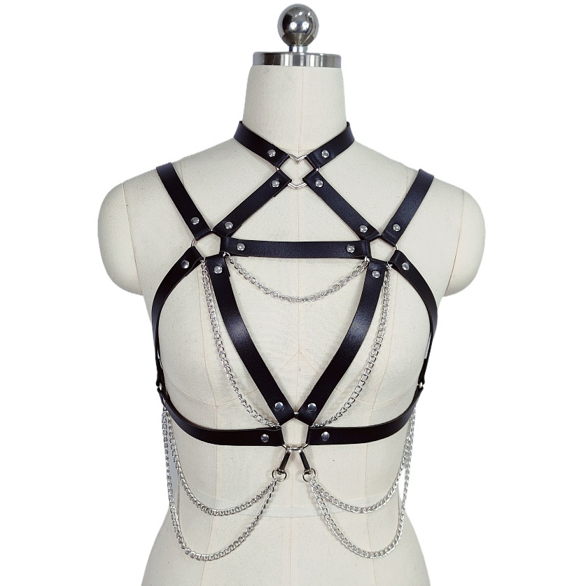 Leather Cutout Bondage Dress Lingerie with Harness Chain