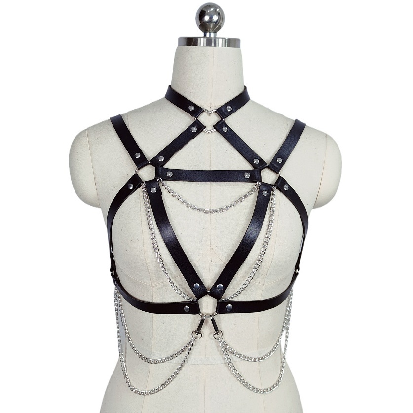 Leather Cutout Bondage Dress Lingerie with Harness Chain