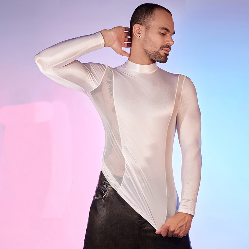 Men's Oiled Shiny High Elastic Long Sleeve Top - image 11