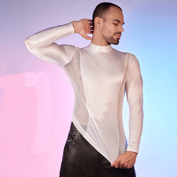 Men's Oiled Shiny High Elastic Long Sleeve Top - image 11