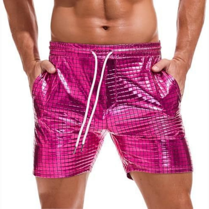 Men's Metallic 5" Holographic Rave Shorts with Drawstring - Pink Plaid - 2XL - image 12