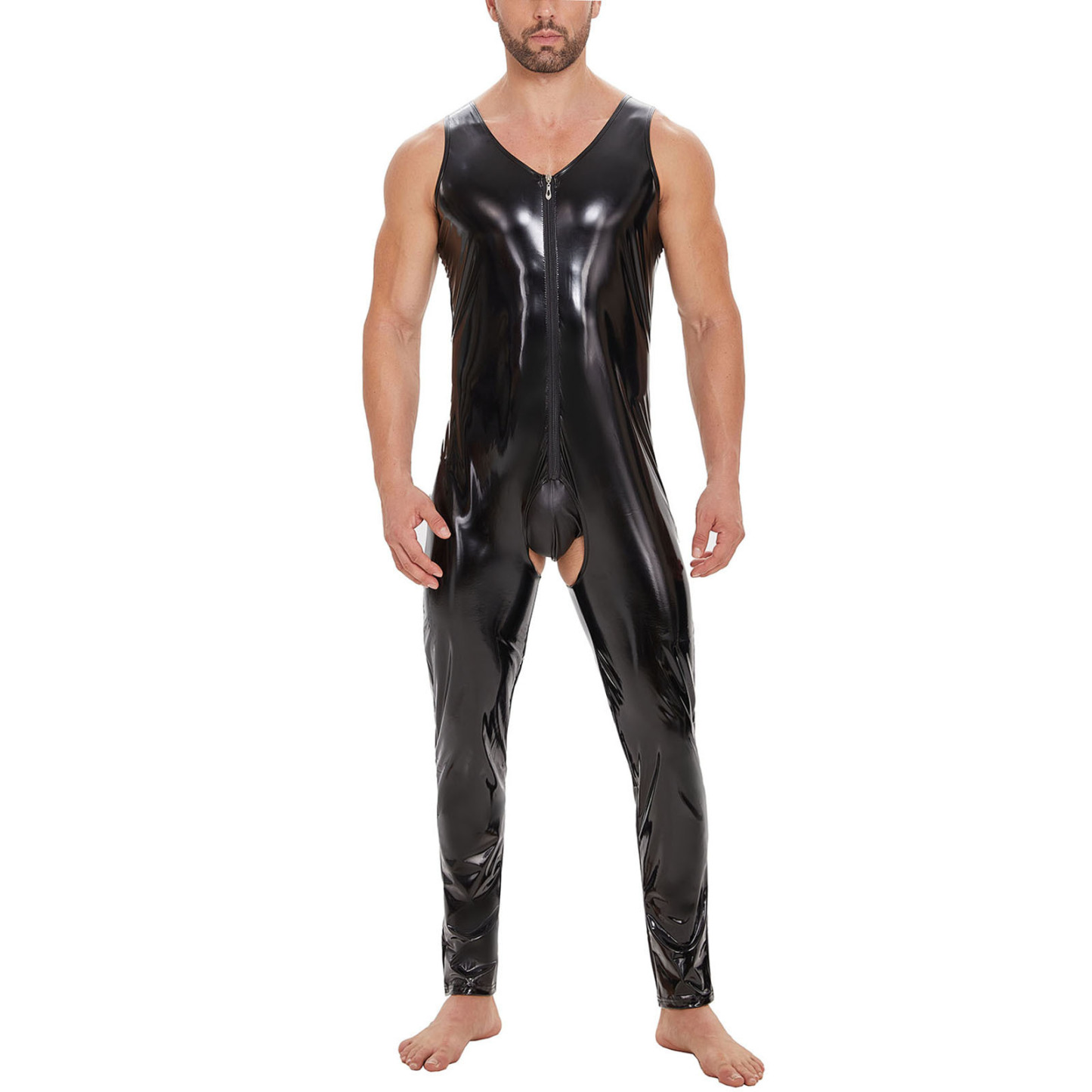 Men Shiny Leather Jumpsuit - Black - 7XL - image 4