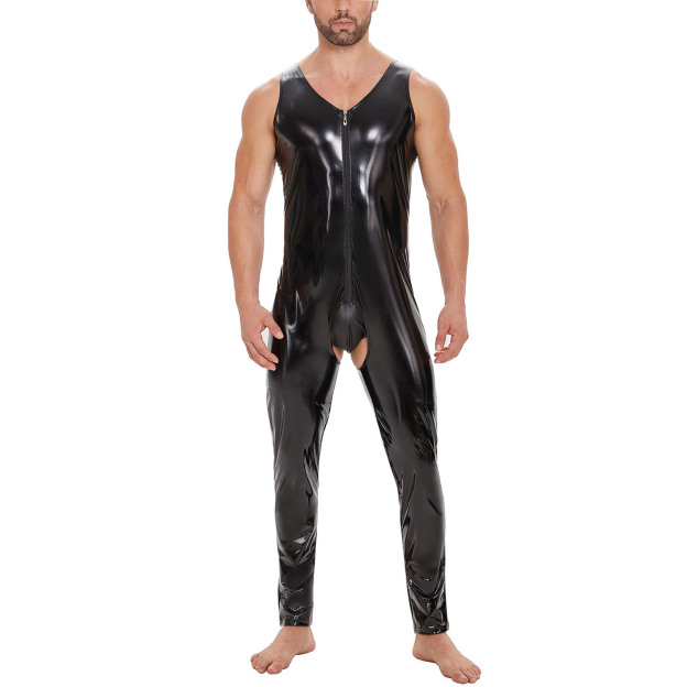 Men Shiny Leather Jumpsuit - Black - 7XL - image 4