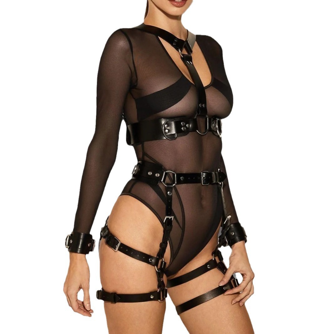 Leather Roleplay Lingerie Harness Set with Top, Bottoms & Cuffs – BDSM-Inspired Outfit for Women