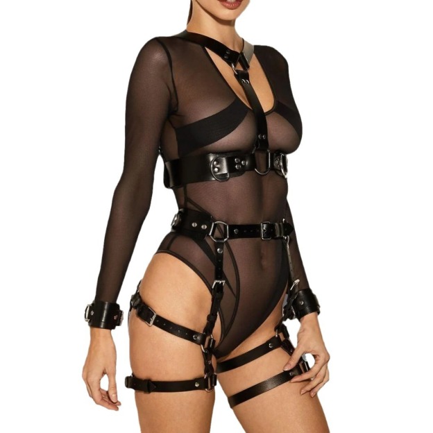 Leather Roleplay Lingerie Harness Set with Top, Bottoms & Cuffs – BDSM-Inspired Outfit for Women