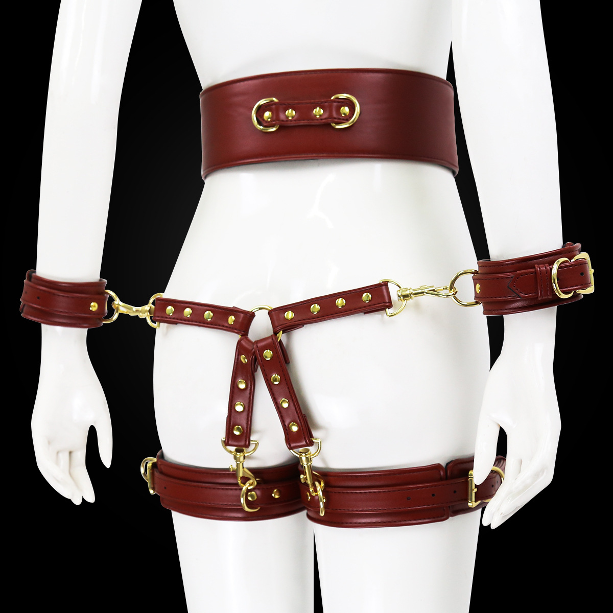 Bdsm Leather Handcuffs And Leg Cuffs with Doggy Style Harness -WeLovePlugs