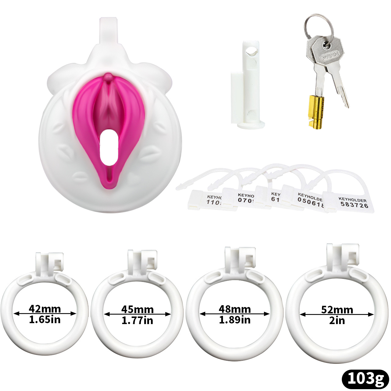 Mini Vagina-Shaped Male Chastity Cage – Humiliating Lock with 4 Rings & Padlock