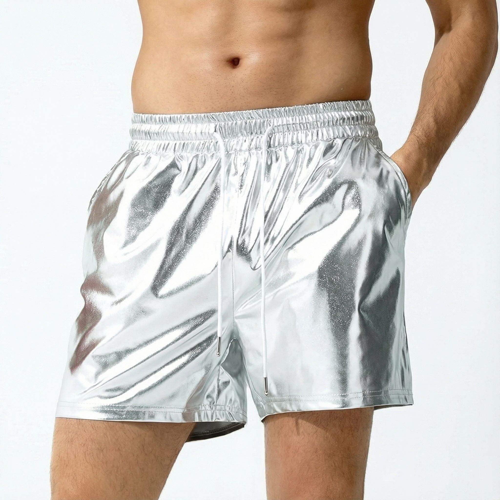 Mens Sexy Shorts Metallic Shiny Short Pants - Silver - XXL - image 6