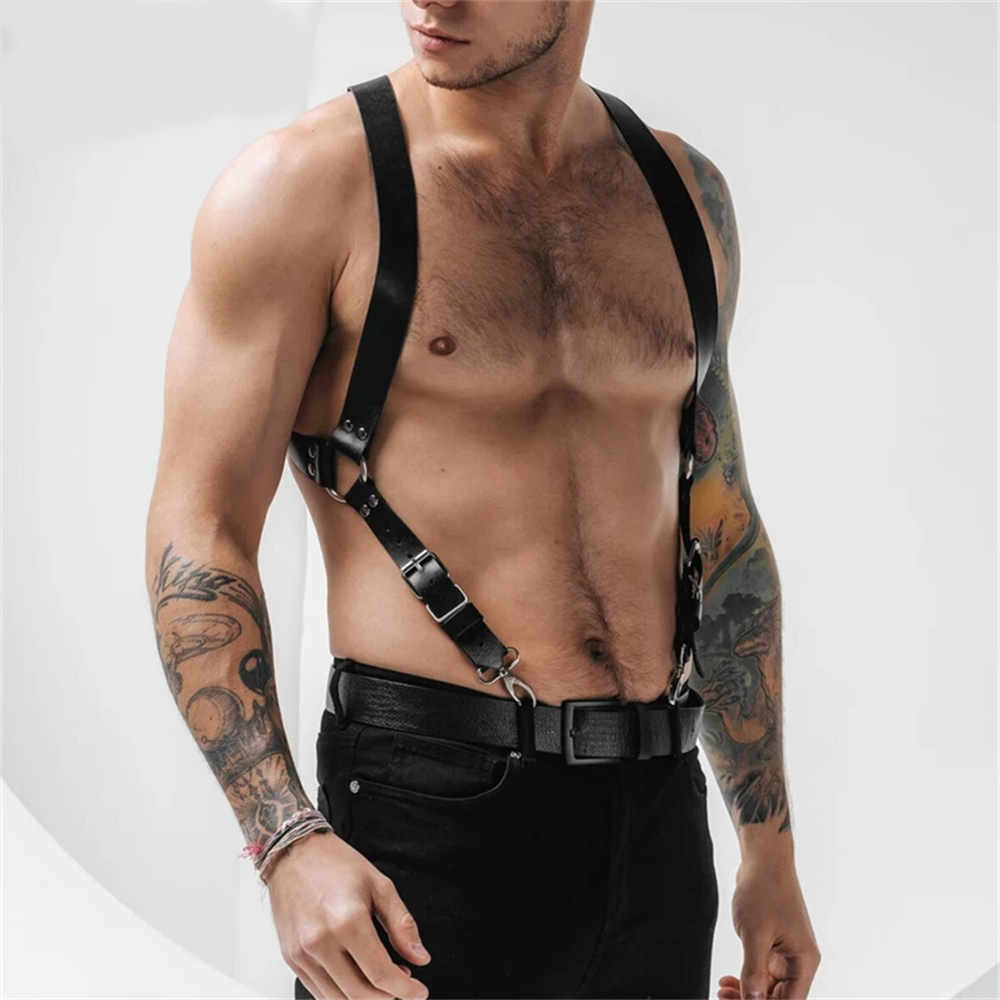 Men's Leather Body Harness Set with Suspenders & Leash BDSM Chest Harness for Roleplay-WeLovePlugs