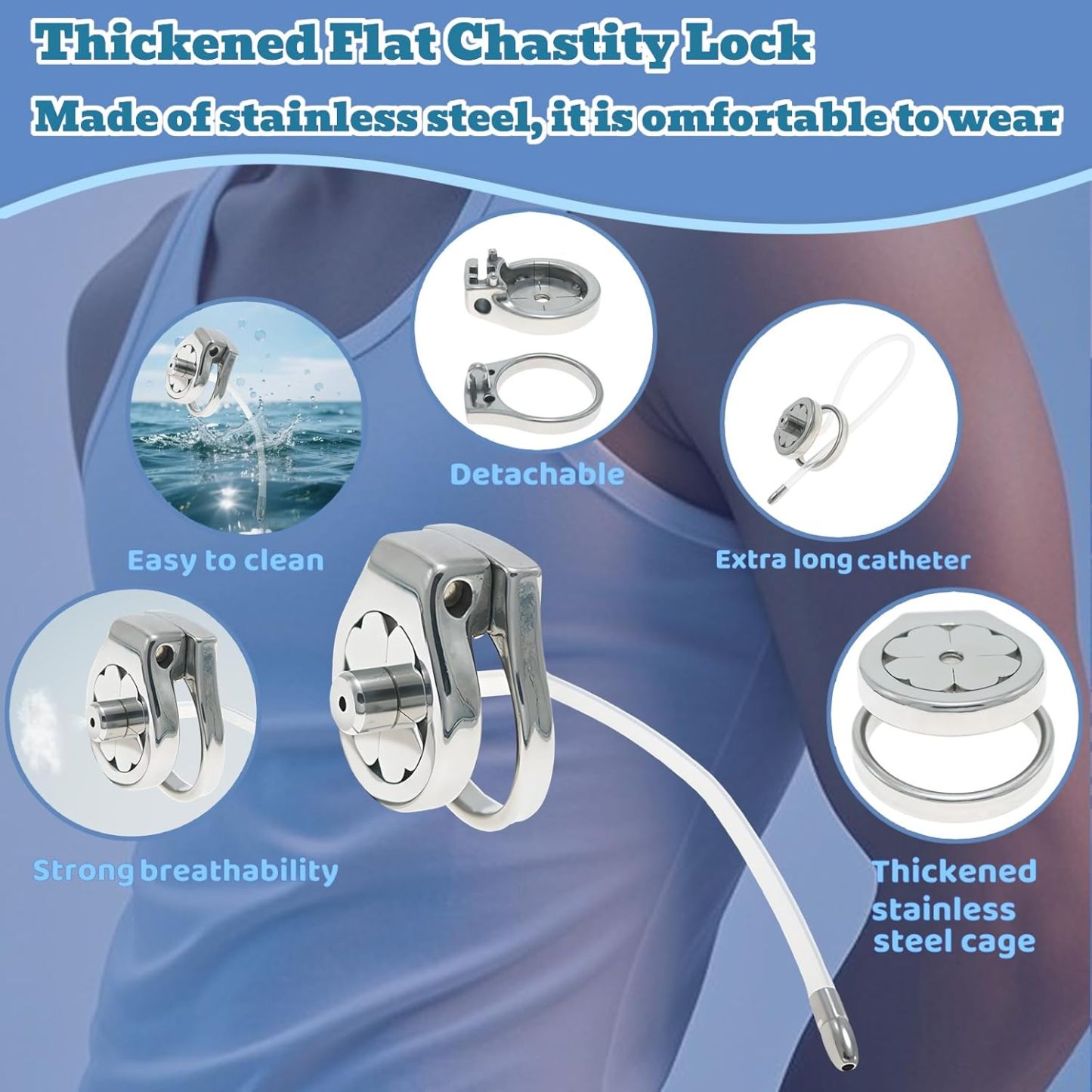 Flat Stainless Steel Chastity Cage with Long Hollow Urethral Tube - image 3