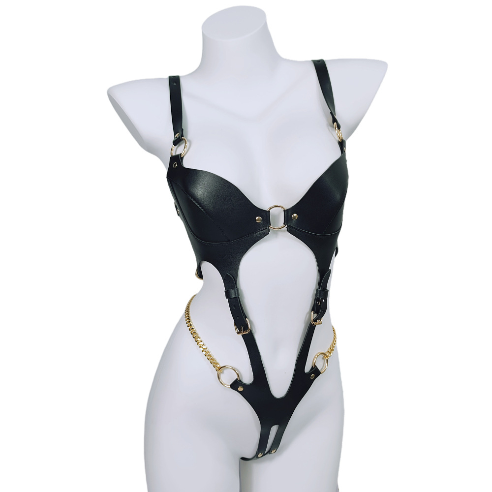 SM Leather Open-Crotch Bondage Dress Lingerie Harness