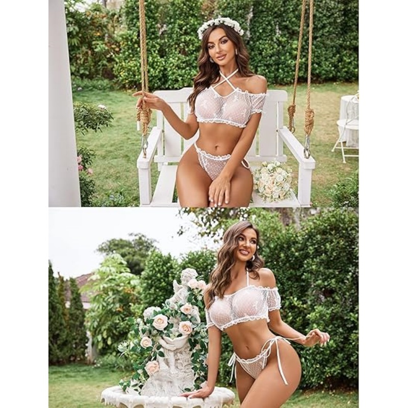 Flirty Off-Shoulder Ruffle Lingerie Set - Sheer Mesh Bra & Tie-Side Panty-WeLovePlugs