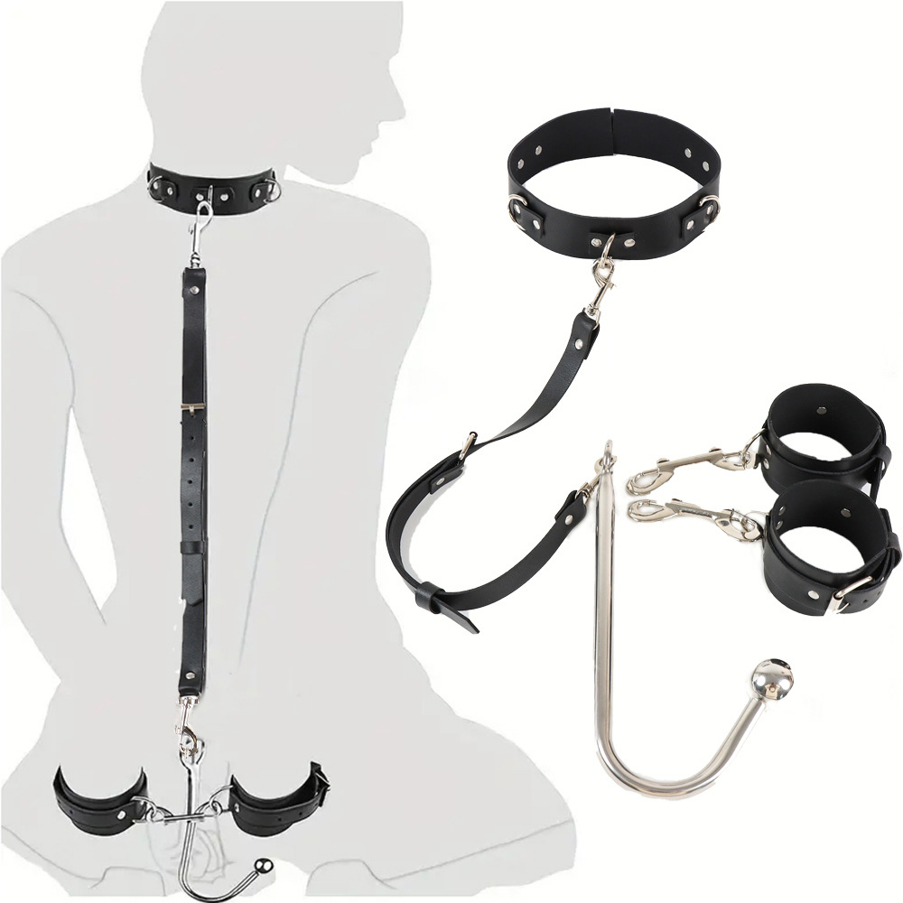 BDSM Handcuffs With Collar And Butt Plug Hook -WeLovePlugs