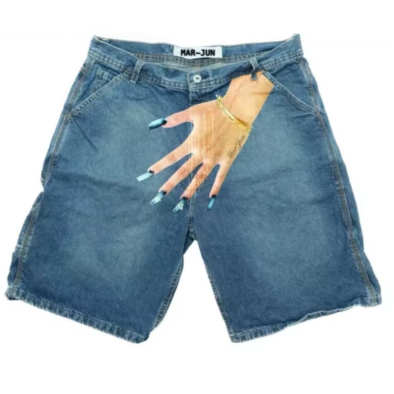 Men's Hip Hop Funny One Hand Printed Skateboarding Denim Shorts - H - XXL - image 11