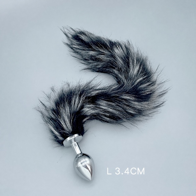 Silver & Black Fox Tail Plug with Removable Metal Base - L - image 2