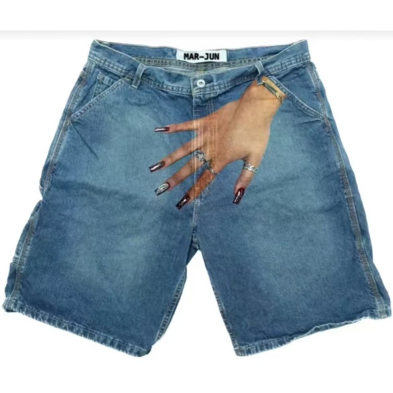 Men's Hip Hop Funny One Hand Printed Skateboarding Denim Shorts - J - XXL - image 4