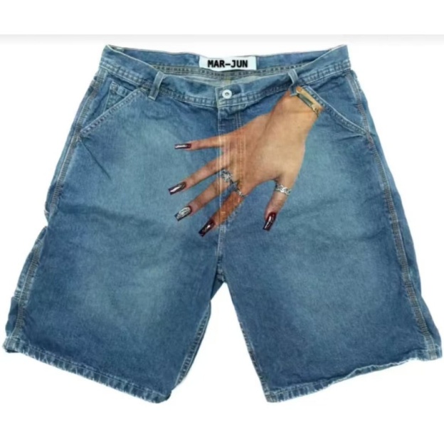 Men's Hip Hop Funny One Hand Printed Skateboarding Denim Shorts - J - XXL - image 4