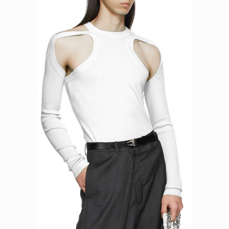 Men's Cut-Out Sexy Stretch Skinny T-Shirt - White & Long Sleeve - XXXL - image 5