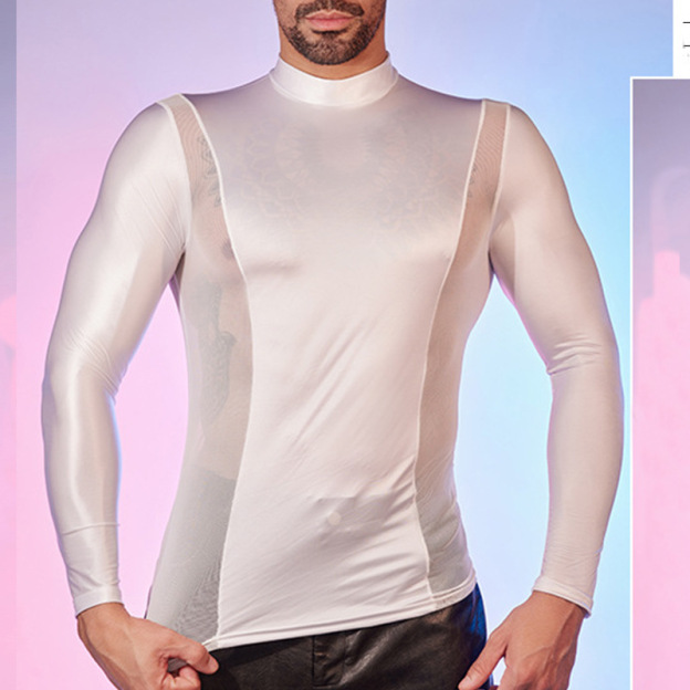 Men's Oiled Shiny High Elastic Long Sleeve Top - White - XXXL - image 1