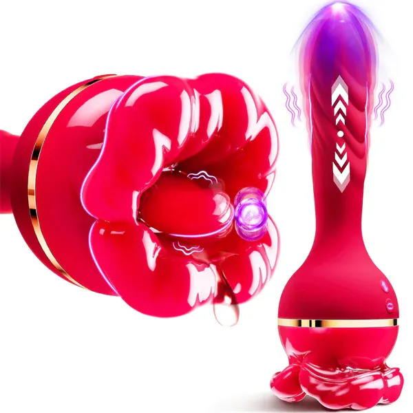 3-in-1 Big Mouth Likcing Vibrating Rose Dildo-WeLovePlugs