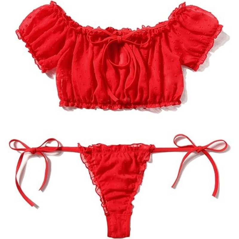 Flirty Off-Shoulder Ruffle Lingerie Set - Sheer Mesh Bra & Tie-Side Panty-WeLovePlugs
