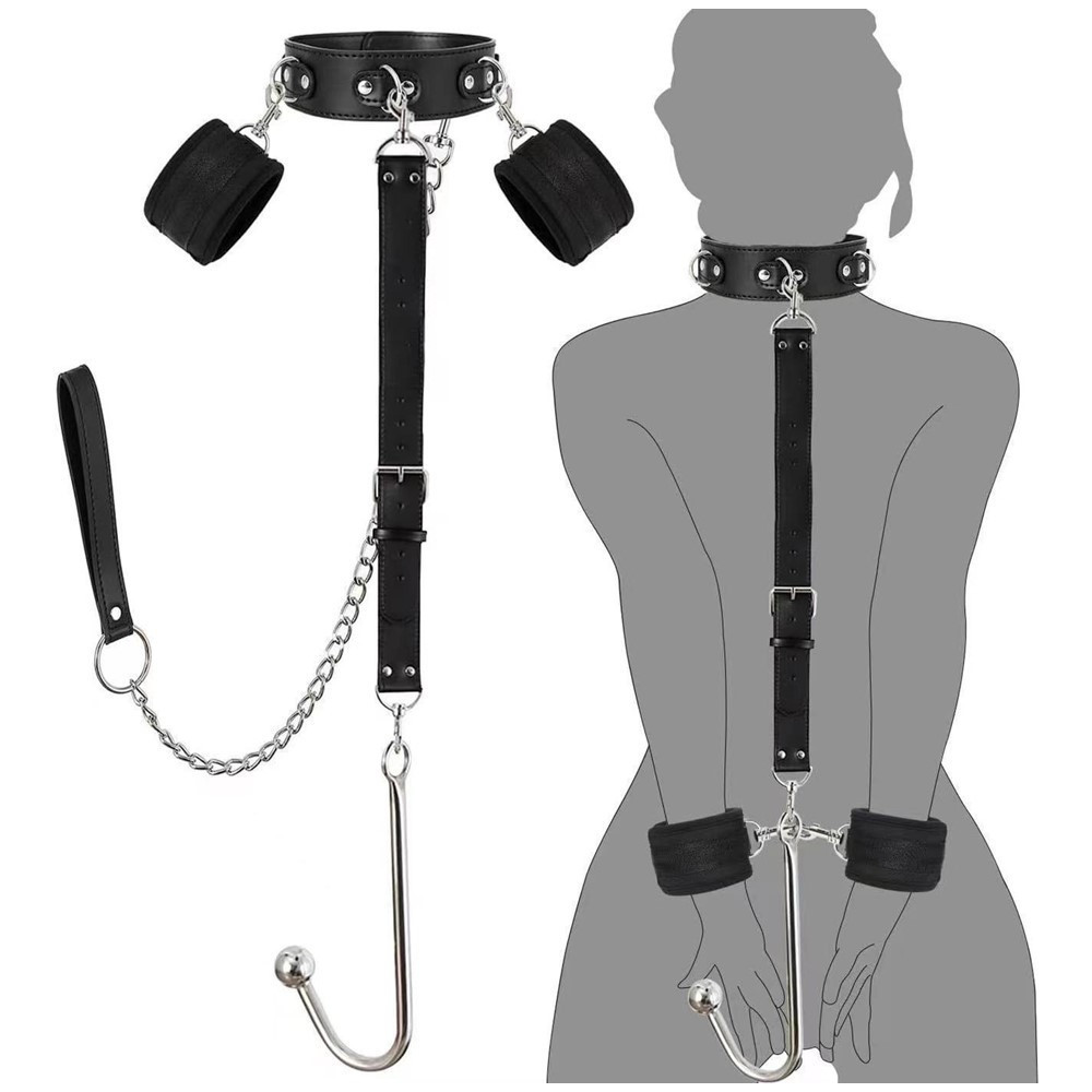 BDSM Handcuffs With Collar And Butt Plug Hook -WeLovePlugs