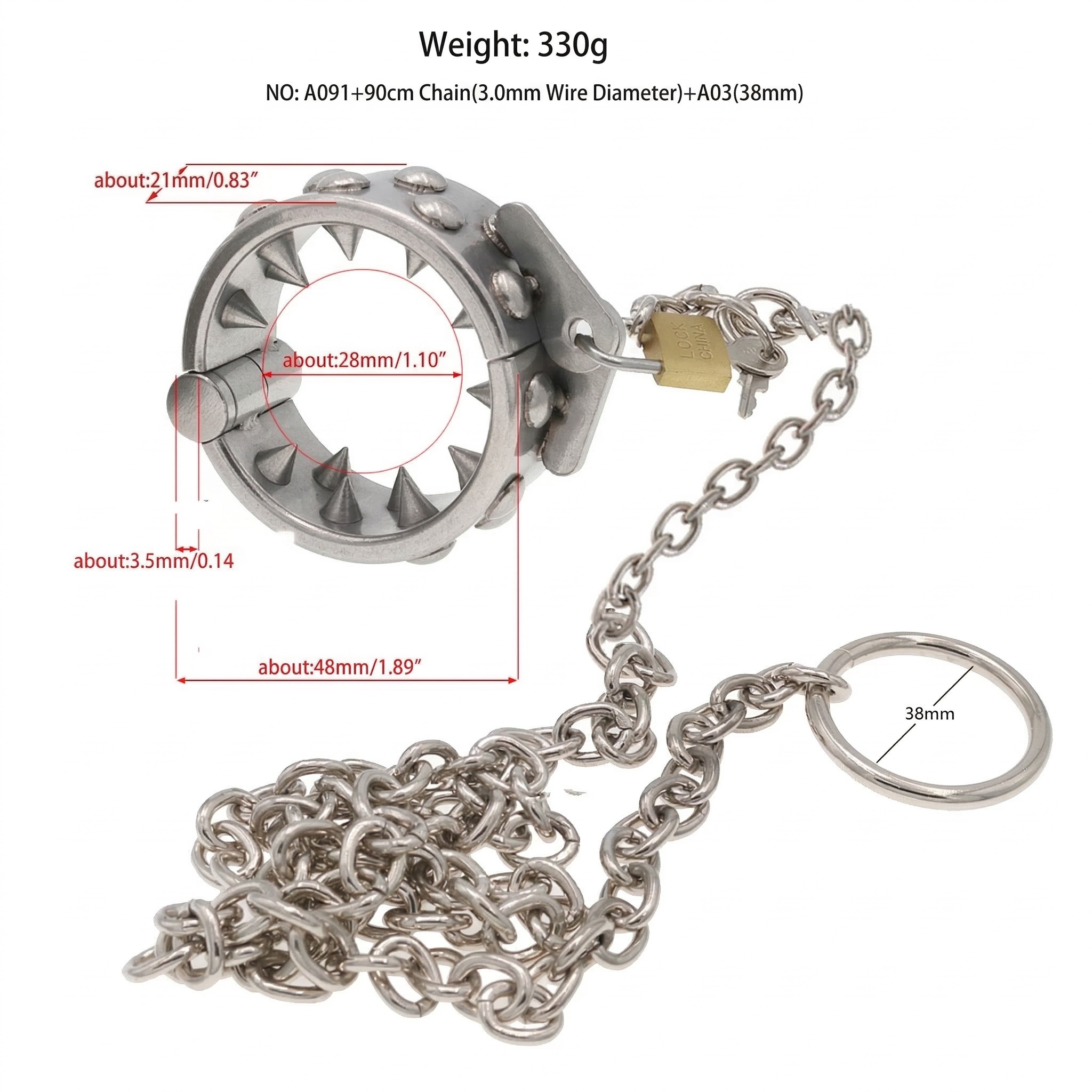 Stainless Steel Ring Testicle Ring with Spikes and Chain - S - image 5