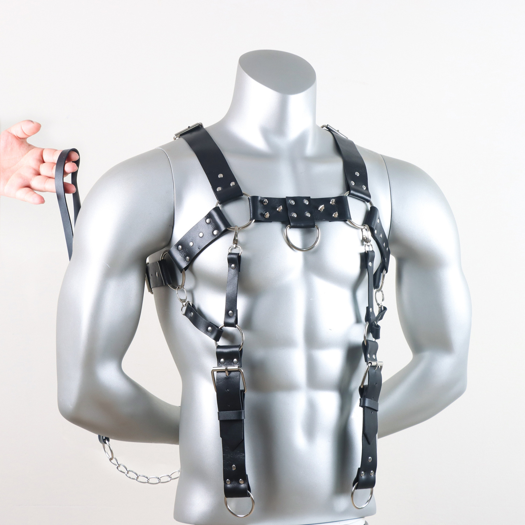 Men's Leather Body Harness Set with Suspenders & Leash BDSM Chest Harness for Roleplay-WeLovePlugs