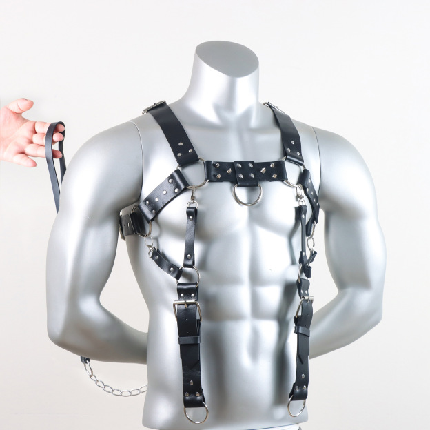 Men's Leather Body Harness Set with Suspenders & Leash BDSM Chest Harness for Roleplay-WeLovePlugs