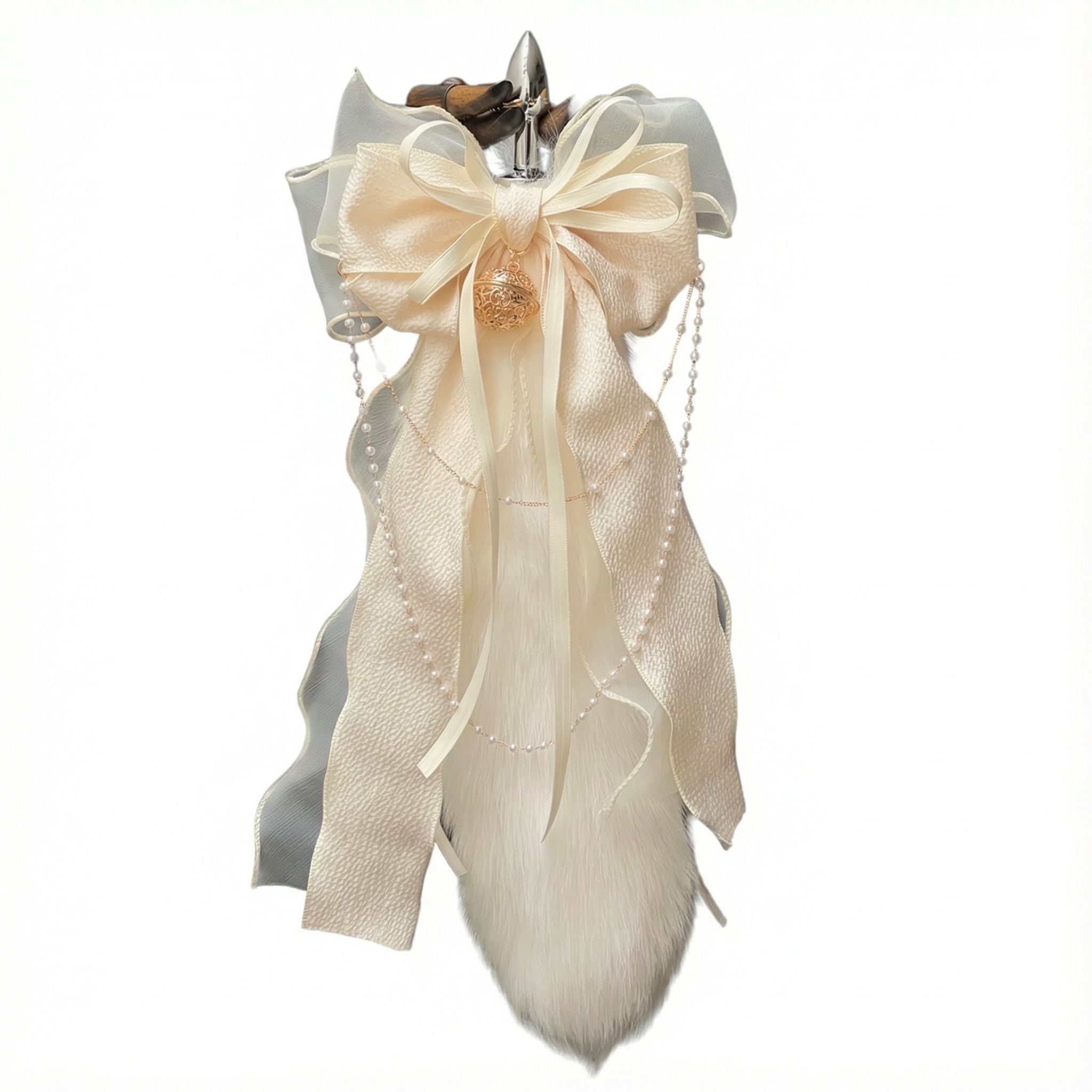 Luxury Fox Tail Plug Set – 15.7" Plush Tail With Pearl Chain & Interchangeable Plug Heads - White - 4.0cm - image 9