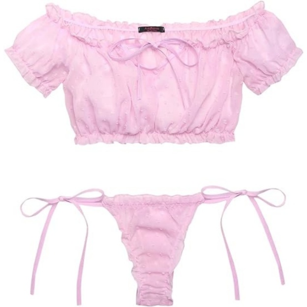 Flirty Off-Shoulder Ruffle Lingerie Set - Sheer Mesh Bra & Tie-Side Panty-WeLovePlugs
