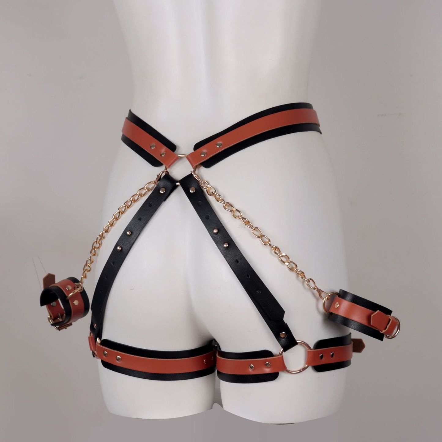 BDSM Leather Handcuffs with Leg Cuffs Lingerie Harness-WeLovePlugs