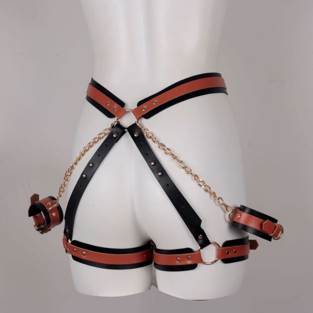 BDSM Leather Handcuffs with Leg Cuffs Lingerie Harness-WeLovePlugs