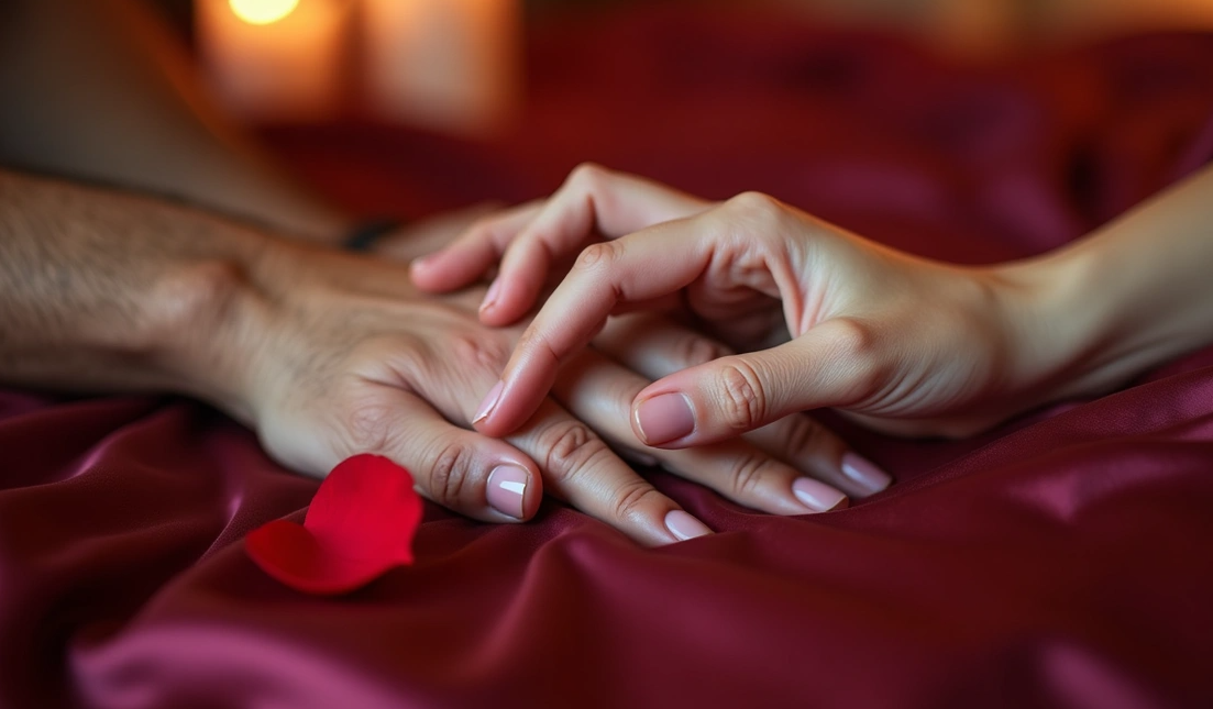 Lovers' hands intertwined on silky burgundy sheets with scattered rose petals, intimate sensual connection during rainy night