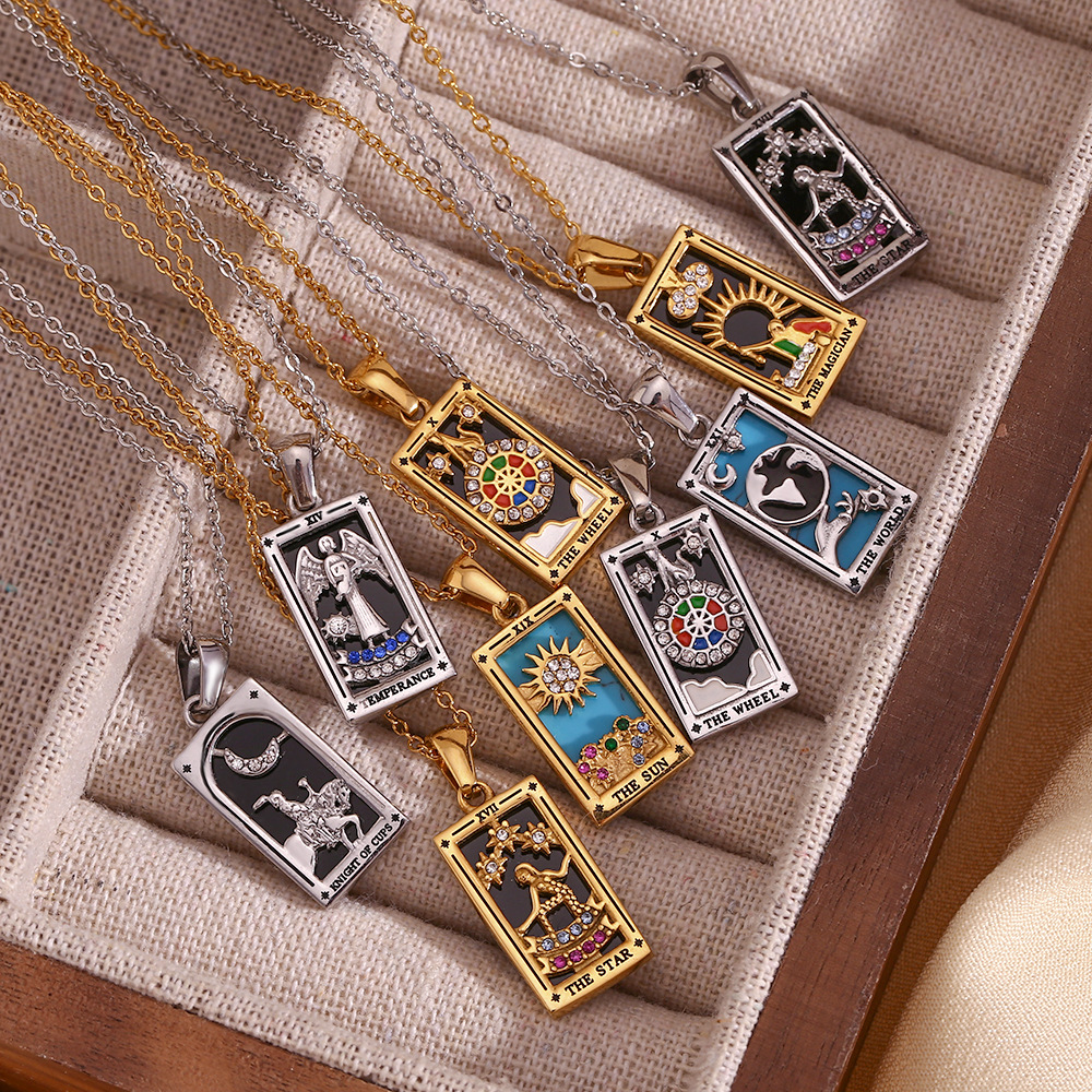 18k Gold Plated Tarot Cards Pendant Necklace - Vintage Colorful Charm Necklace Lucky Talisman Hypoallergenic for Women and Men Gift