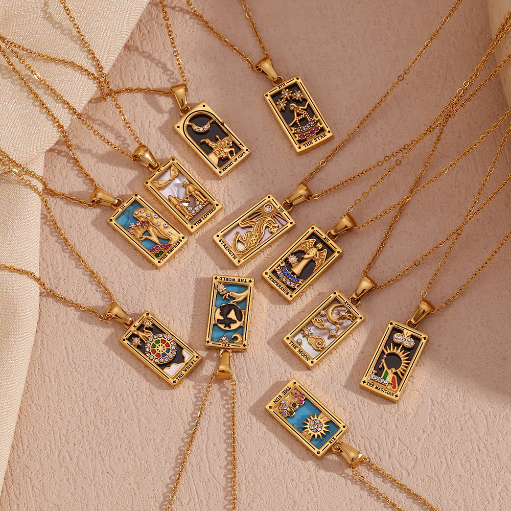 18k Gold Plated Tarot Cards Pendant Necklace - Vintage Colorful Charm Necklace Lucky Talisman Hypoallergenic for Women and Men Gift