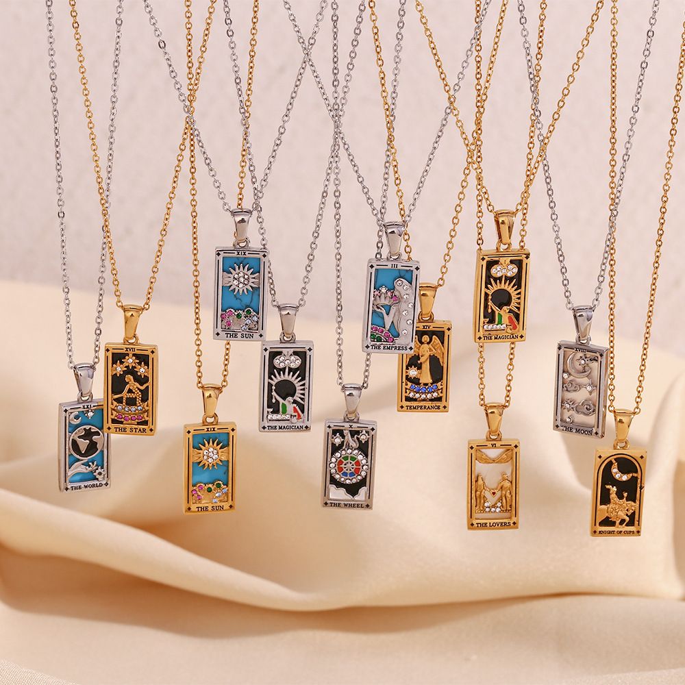18k Gold Plated Tarot Cards Pendant Necklace - Vintage Colorful Charm Necklace Lucky Talisman Hypoallergenic for Women and Men Gift