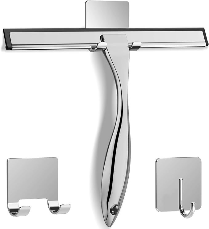 All-Purpose Stainless Steel Shower Squeegee for Shower Glass Door with 2 Adhesive Hooks, Bathroom Cleaner Tool Household Window Mirror Squeegee , Cleaning Tile Wall, Car