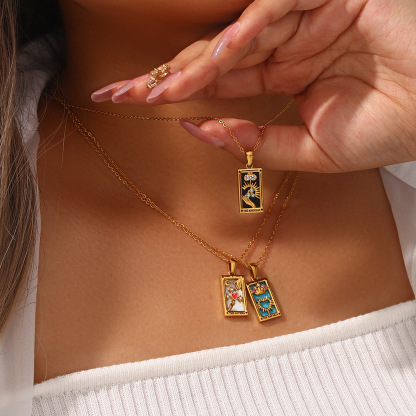 18k Gold Plated Tarot Cards Pendant Necklace - Vintage Colorful Charm Necklace Lucky Talisman Hypoallergenic for Women and Men Gift