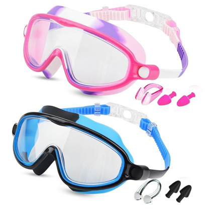 Swim Goggles 2 Pack Anti-Fog Anti-UV Wide View Swimming Goggles for Kids 3-15