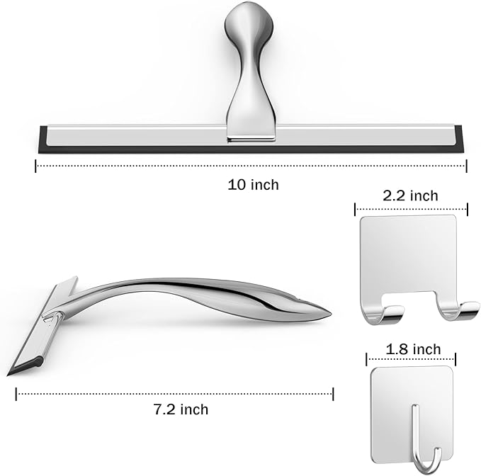 All-Purpose Stainless Steel Shower Squeegee for Shower Glass Door with 2 Adhesive Hooks, Bathroom Cleaner Tool Household Window Mirror Squeegee , Cleaning Tile Wall, Car