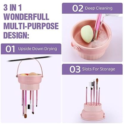 Makeup Brush Cleaner Mat 3 in 1 Silicone Makeup Brush Cleaner Bowl Cosmetic Brushes Cleaning Tool Organizer for Storage and Air Drying