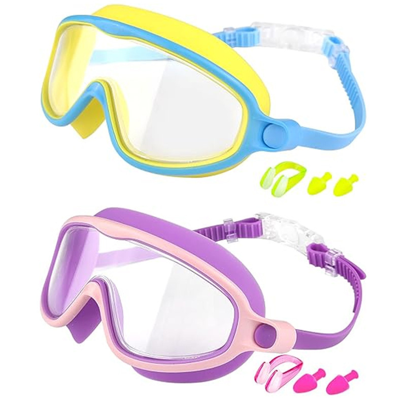 Swim Goggles 2 Pack Anti-Fog Anti-UV Wide View Swimming Goggles for Kids 3-15