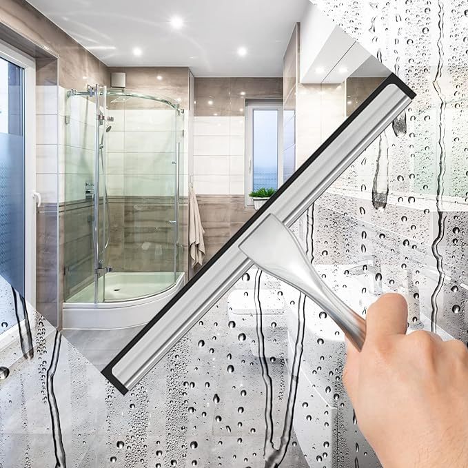 All-Purpose Stainless Steel Shower Squeegee for Shower Glass Door with 2 Adhesive Hooks, Bathroom Cleaner Tool Household Window Mirror Squeegee , Cleaning Tile Wall, Car