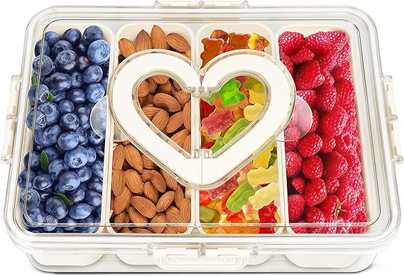 Snackle Box Container, Divided Snack Serving Tray with Lid and Handle 4 Compartment Portable Snack Box, Clear Storage Organizer for Fruit Candy Nuts-Perfect for Road Travel Party