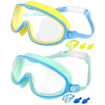 Swim Goggles 2 Pack Anti-Fog Anti-UV Wide View Swimming Goggles for Kids 3-15
