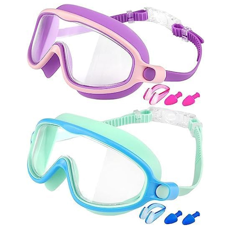 Swim Goggles 2 Pack Anti-Fog Anti-UV Wide View Swimming Goggles for Kids 3-15