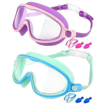 Swim Goggles 2 Pack Anti-Fog Anti-UV Wide View Swimming Goggles for Kids 3-15