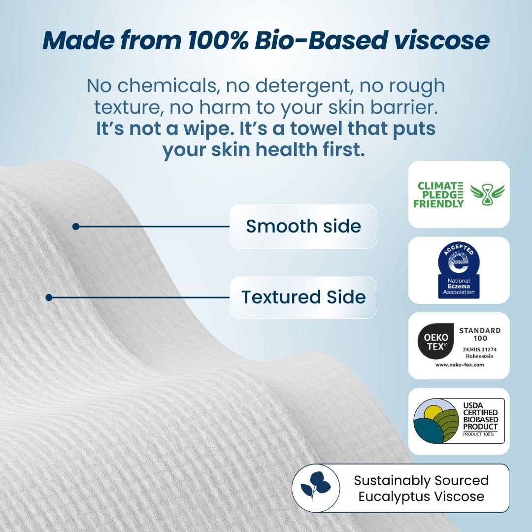  100% USDA Biobased Face Towel, Disposable Face Towelette, Eczema Association Accepted, Makeup Remover Dry Wipes, Ultra Soft