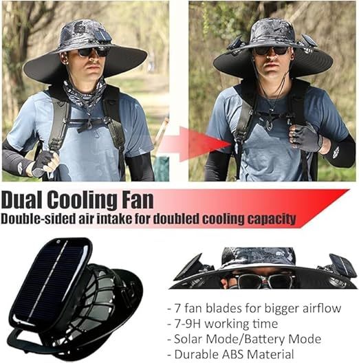 Outdoor Wide Brim Sun Hat with 2 Solar Fan Sun Bucket Hat for Men Women UPF 50+ Bucket Fishing & Beach Hat with Fan Built in